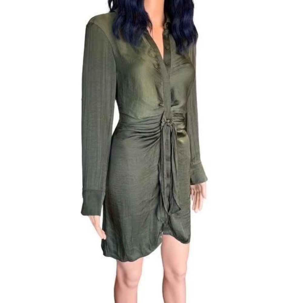 HYFVE (Boutique Brand) Tie Curious Satin Shirt Dress – Bottle Green – Size L